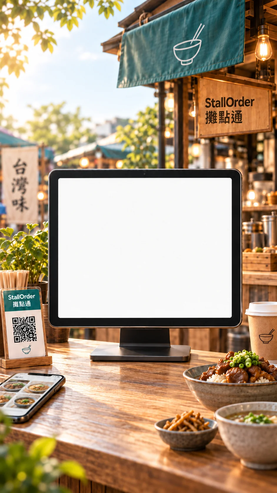 StallOrder 攤點通形象圖：QR 掃碼點餐、POS 接單、KDS 出餐與營運報表。